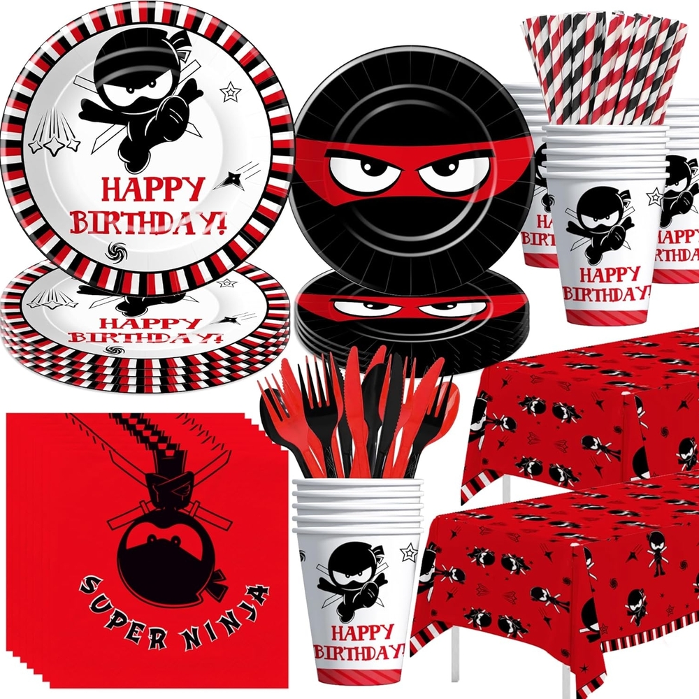 Birthday Party Supplies Disposable Tableware Set - Red and Black